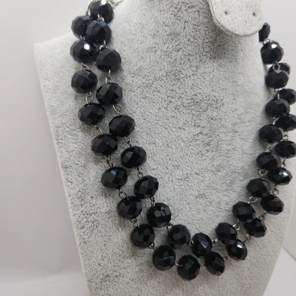 Vintage Chunky Black Faceted Crystal Glass Double Strand Toggle Necklace 16in